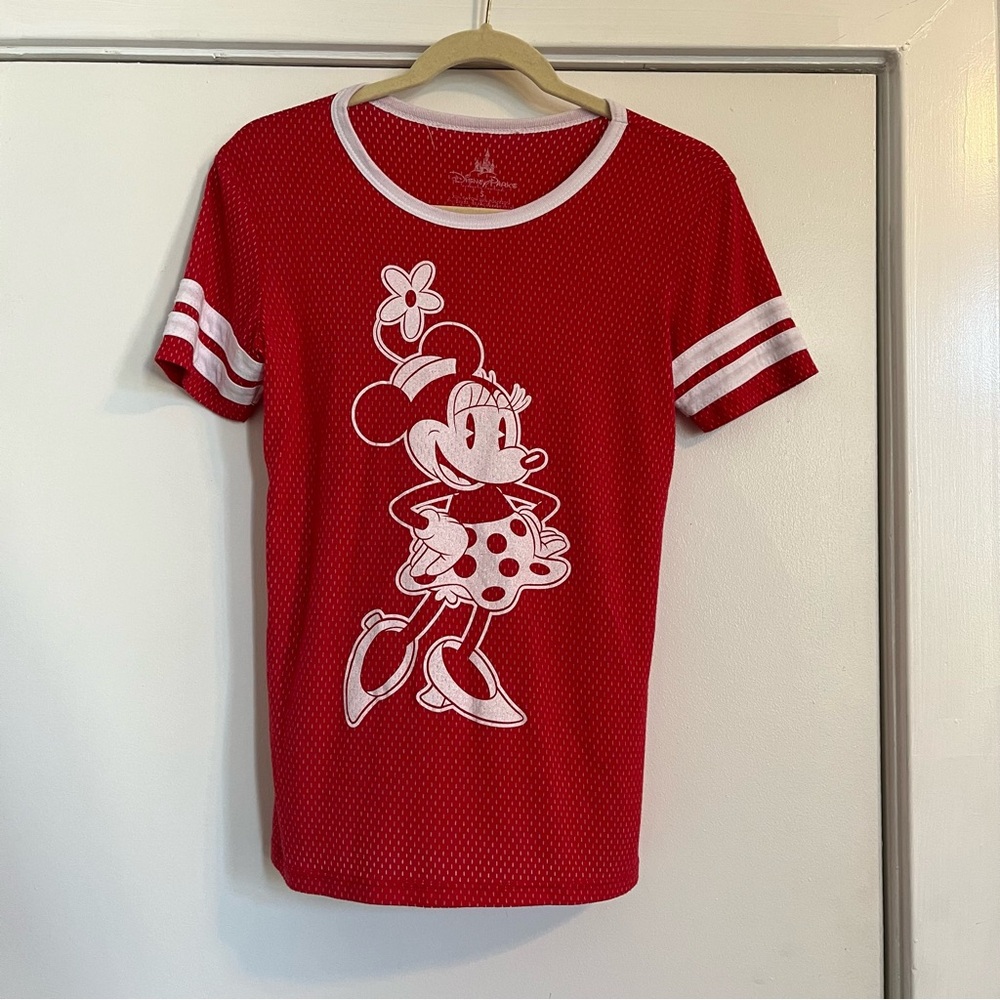 Disney Parks Minnie Mouse mesh baseball jersey t-shirt red white stripe summer